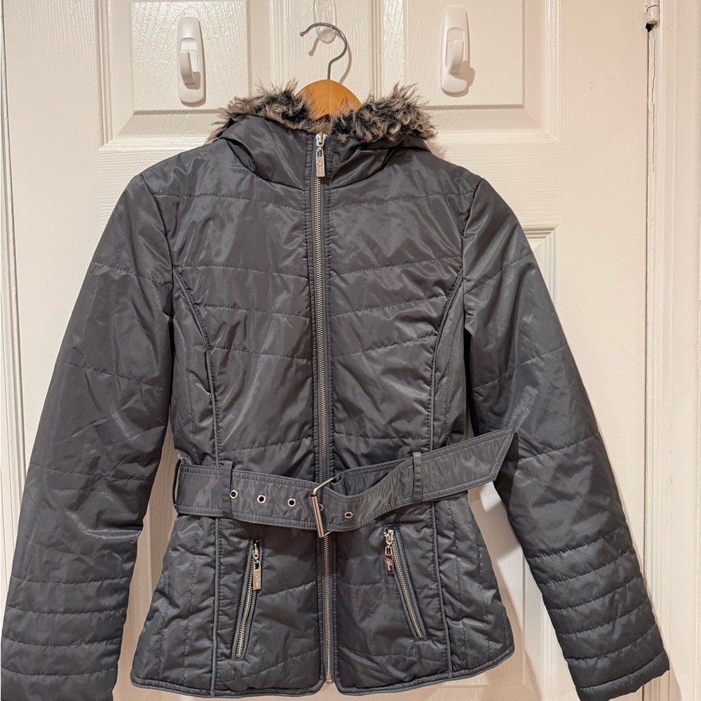Guess Gray Quilted Jacket with Faux Fur Trim